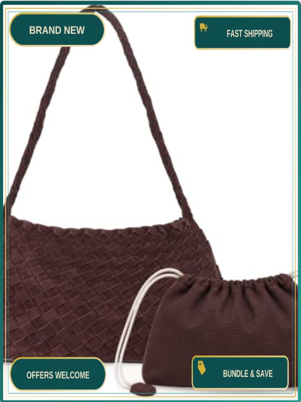 Faux Suede Woven Tote with Canvas Drawstring Pouch Slouchy Retro Bag